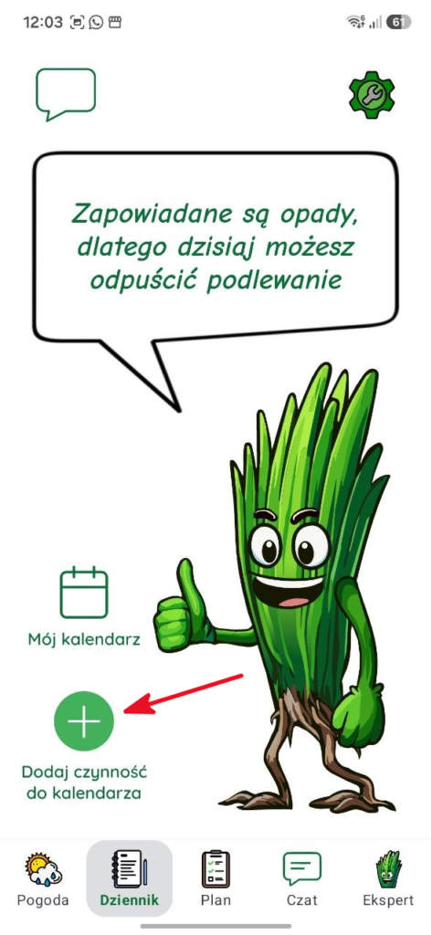 Ekran aplikacji Smart Grass ze wskazanym miejscem do dodania wykonanej czynności na trawniku